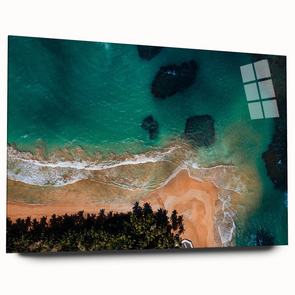 Large abstract wall art featuring a vibrant Caribbean scene on acrylic glass, suitable for bedroom or dining room decor.