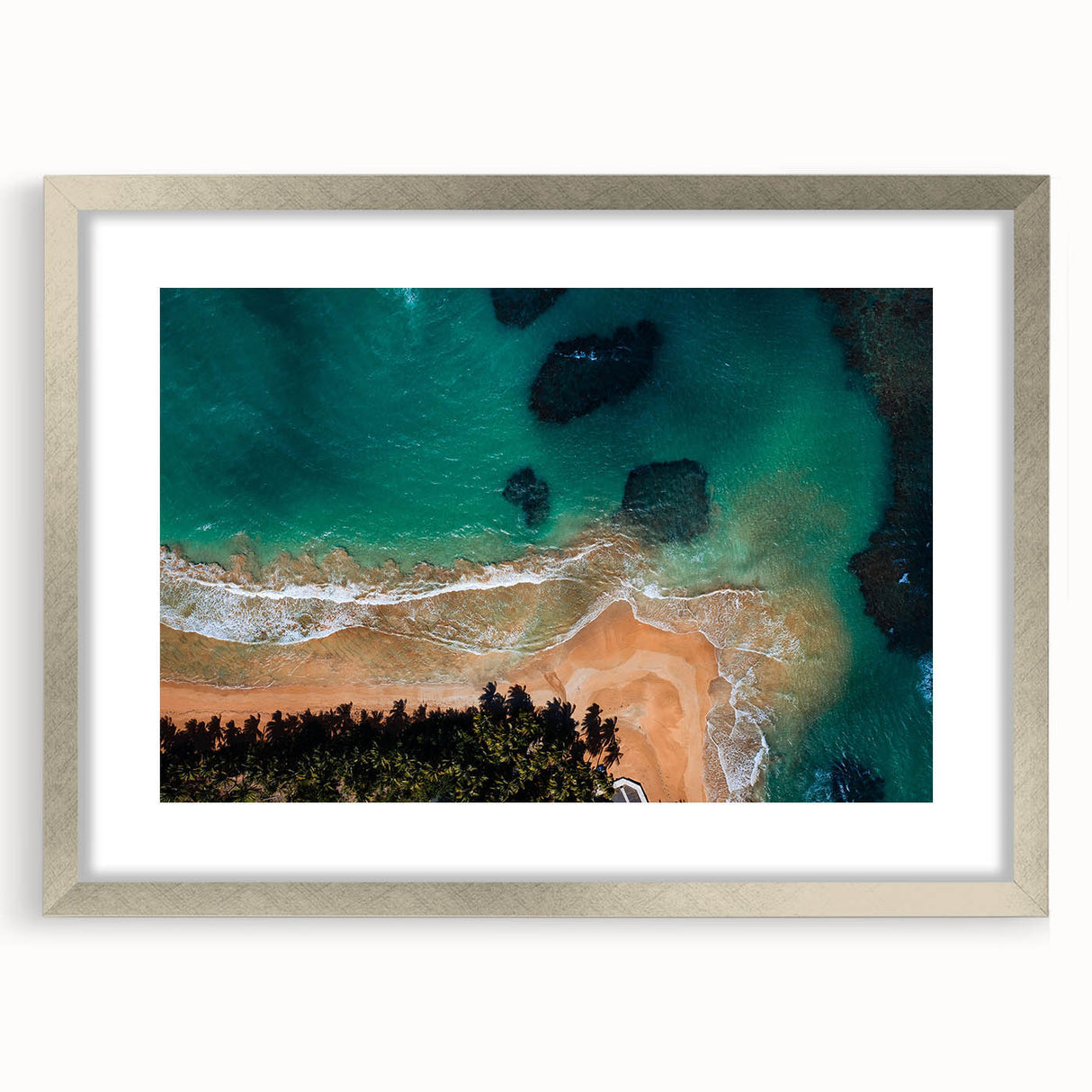 Extra large abstract art print featuring textured scenery of the Caribbean, in a silver frame with mat.