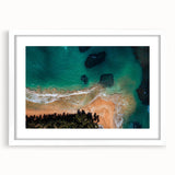 Textured abstract art print of a Caribbean scenery in muted blue and green shades, framed with a white mat.