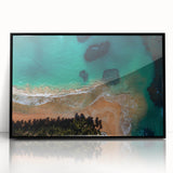 Large abstract wall art depicting a Caribbean scene in vibrant blue and green tones on a framed acrylic.