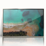 Large acrylic print of a mid-century modernist Caribbean scenery, featuring ocean blues and lush greens.