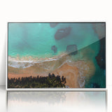 Mid-century modernist art of a Caribbean scenery on a framed acrylic, with vibrant blue and green tones.