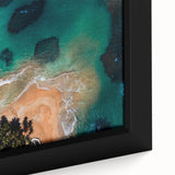 Extra large framed canvas of a textured, colorful Caribbean scenery in black, ideal for living room decor.