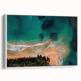 Vintage poster art of a Caribbean scene in vibrant colors on a large framed canvas, ideal for living room decor.