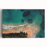 Black and white stretched canvas featuring a panoramic view of a Caribbean beach, ideal for kitchen wall art.