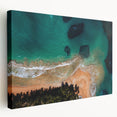 Large stretched canvas depicting a serene Puerto Rican coastline in vibrant blue and green tones, ideal for kitchen wall art.