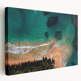Large stretched canvas depicting a serene Puerto Rican coastline in vibrant blue and green tones, ideal for kitchen wall art.