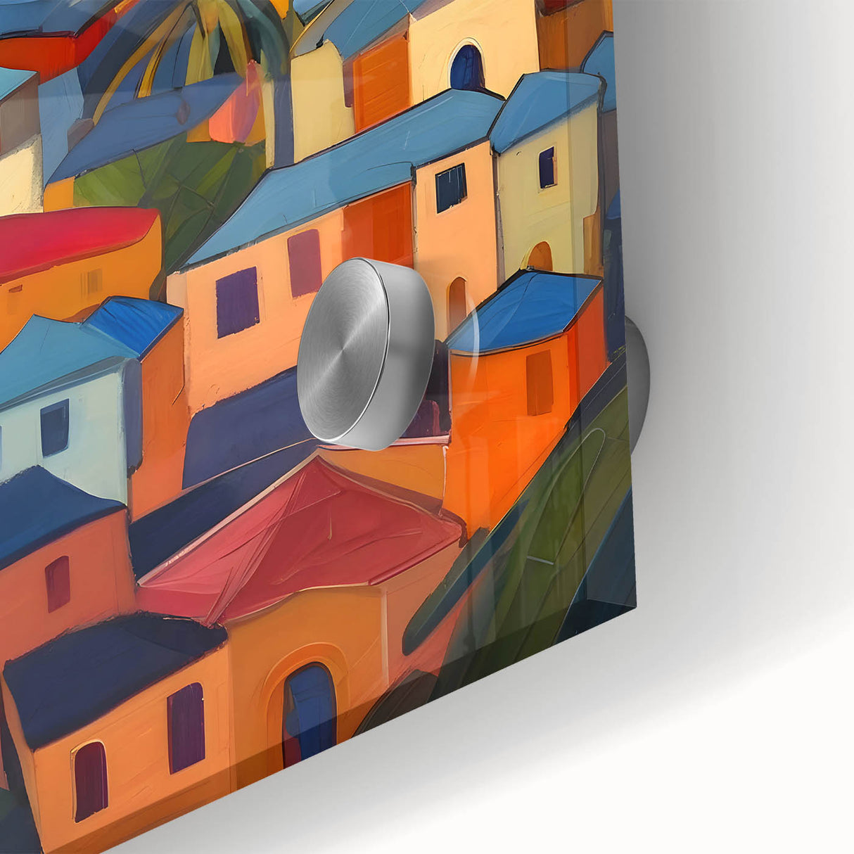 Large abstract wall art of Caribbean Saint Lucia in vibrant blue and green tones on acrylic glass.