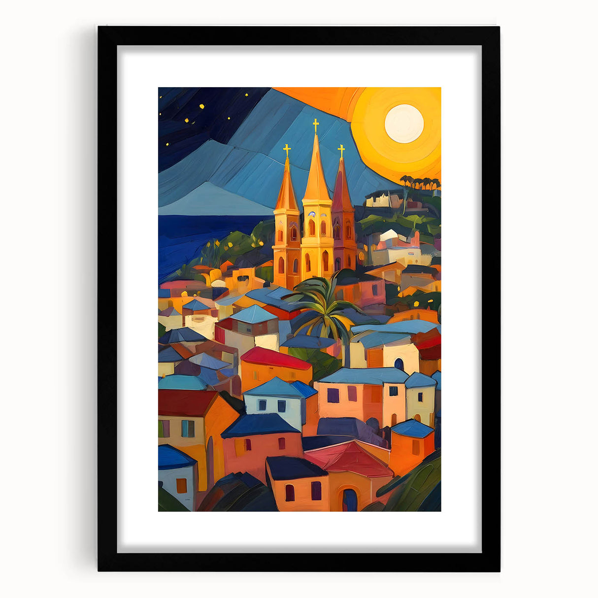 Colorful abstract art print of a Caribbean scene, with textured strokes on extra large canvas, ideal for living room decor.