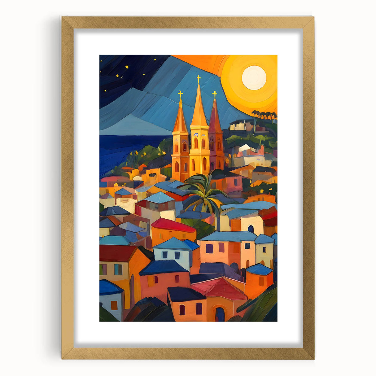Abstract art print of Caribbean Saint Lucia scenery in gold frame, ideal for dining room decor.