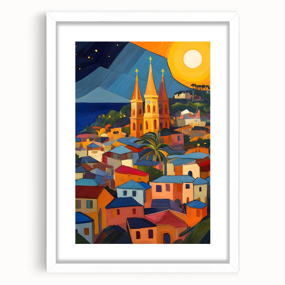 Textured abstract art print of Caribbean Saint Lucia scenery in muted blue and green hues, framed with a white mat.