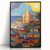 Large abstract wall art depicting a Caribbean Saint Lucia scenery in muted blue and green tones, framed in black acrylic.
