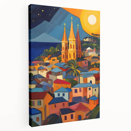Stretched canvas depicting the lush Saint Lucia scenery in vibrant green and blue tones, ideal for kitchen wall art.