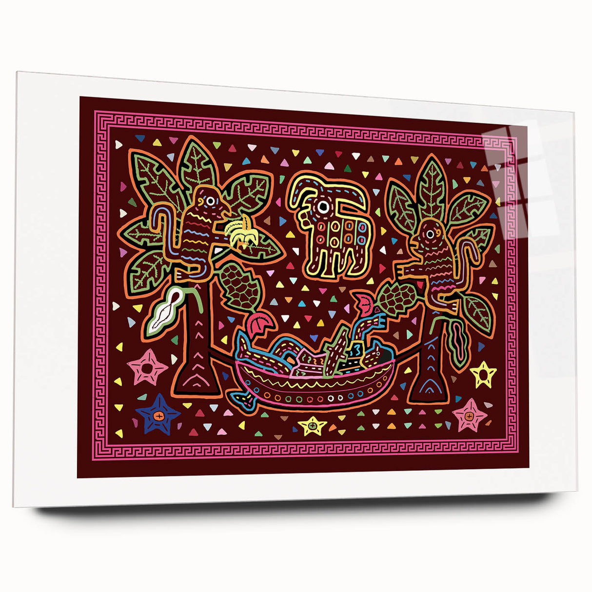 Large abstract wall art of a Central American scenery in vibrant colors on acrylic glass.