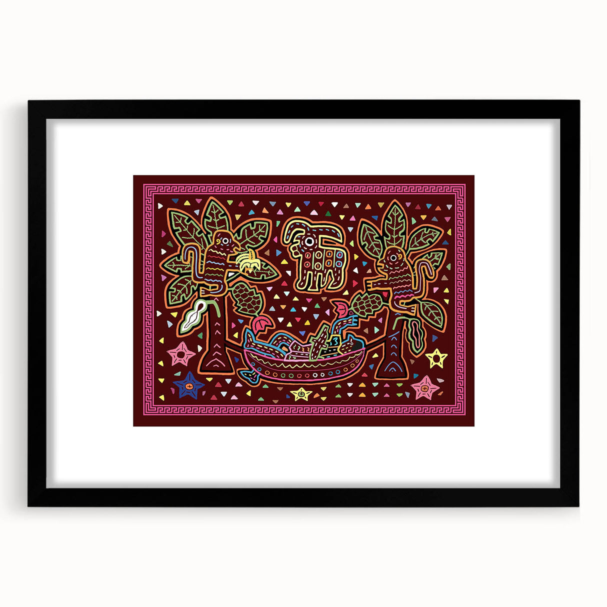 Extra large abstract art print of a Central American scenery in black frame, ideal for living room decor.