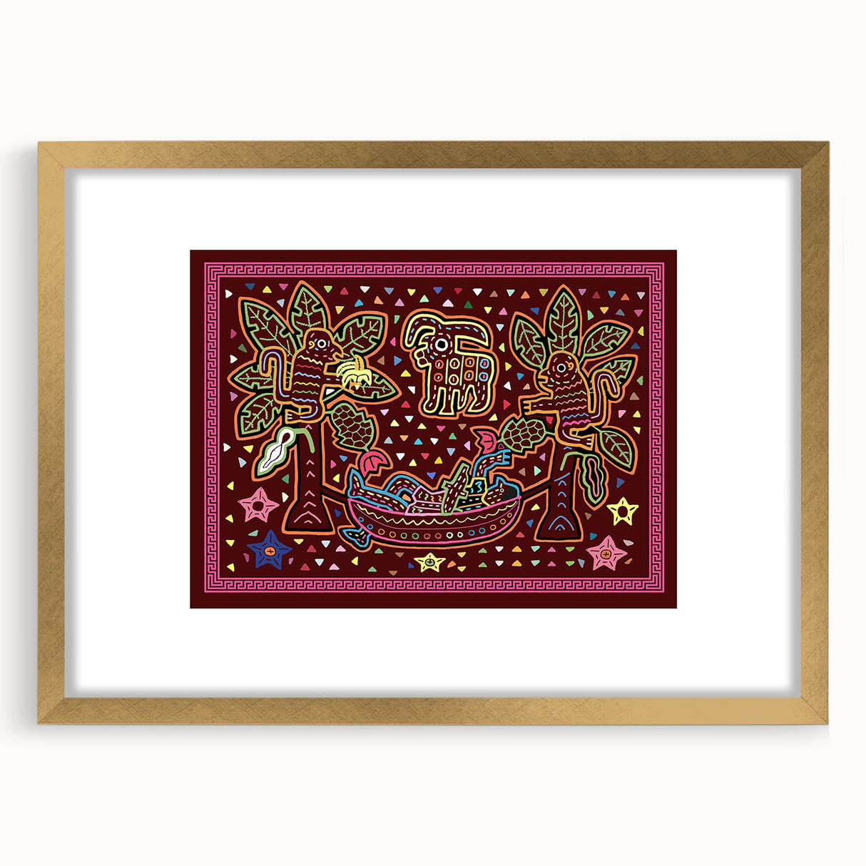 Extra large, textured abstract art print featuring vibrant, colorful strokes, framed in gold, ideal for living room decor.