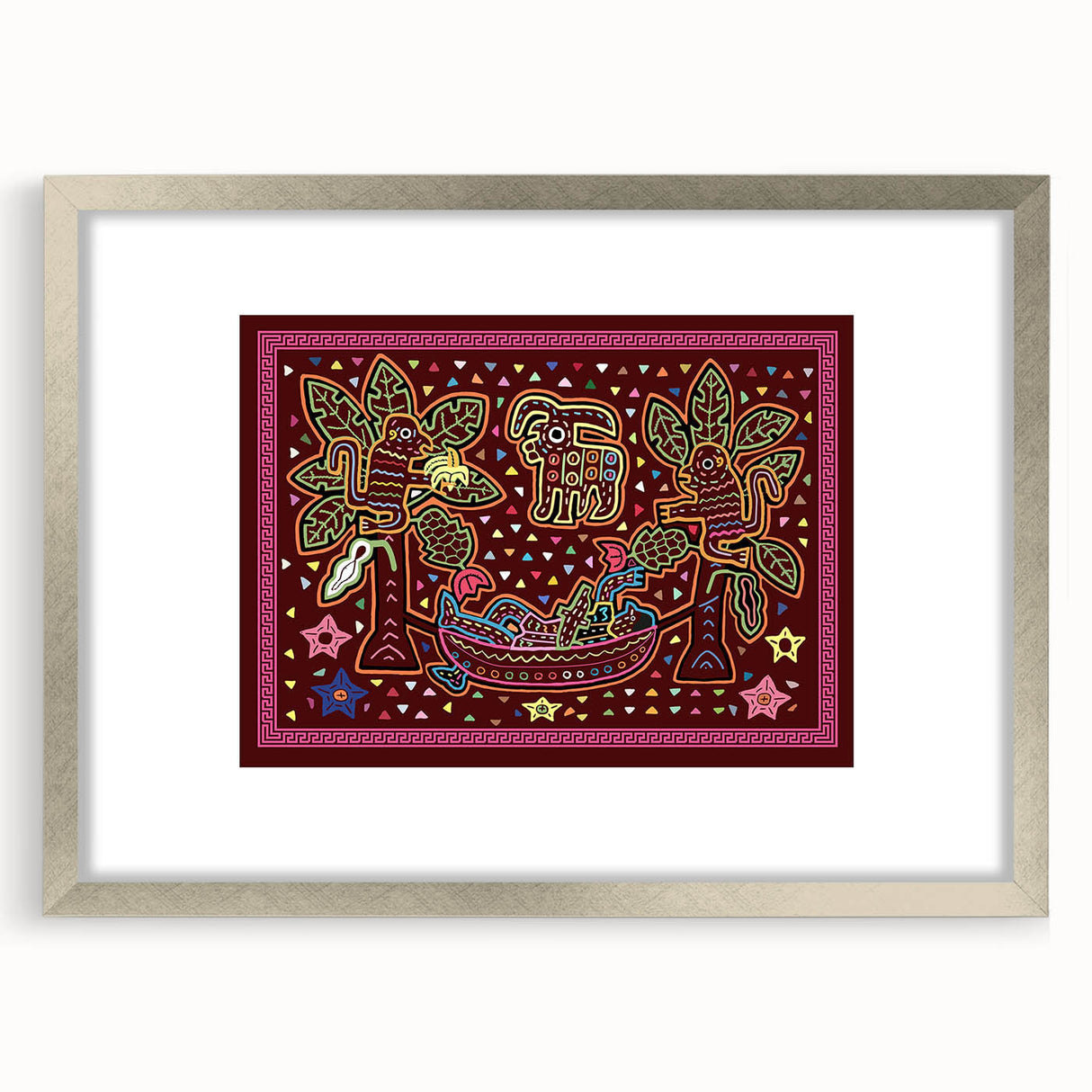 Textured abstract art print of Central America scenery in silver frame, ideal for bedroom wall decor.