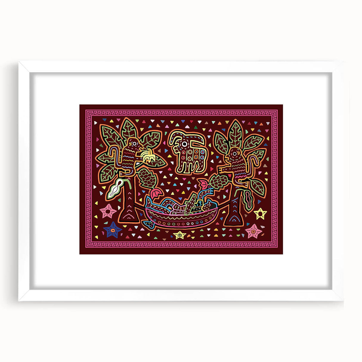 Abstract art print of a stylized Panama landscape in muted earth tones, framed with a white mat, ideal for dining room decor.
