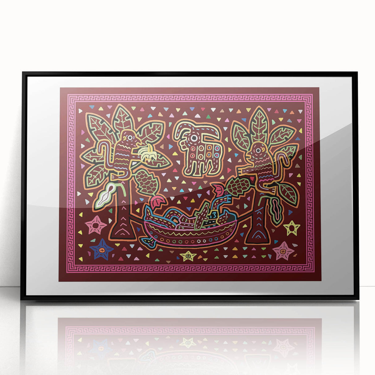 Large abstract wall art featuring a panoramic view of Central America in muted earth tones, framed in black acrylic.