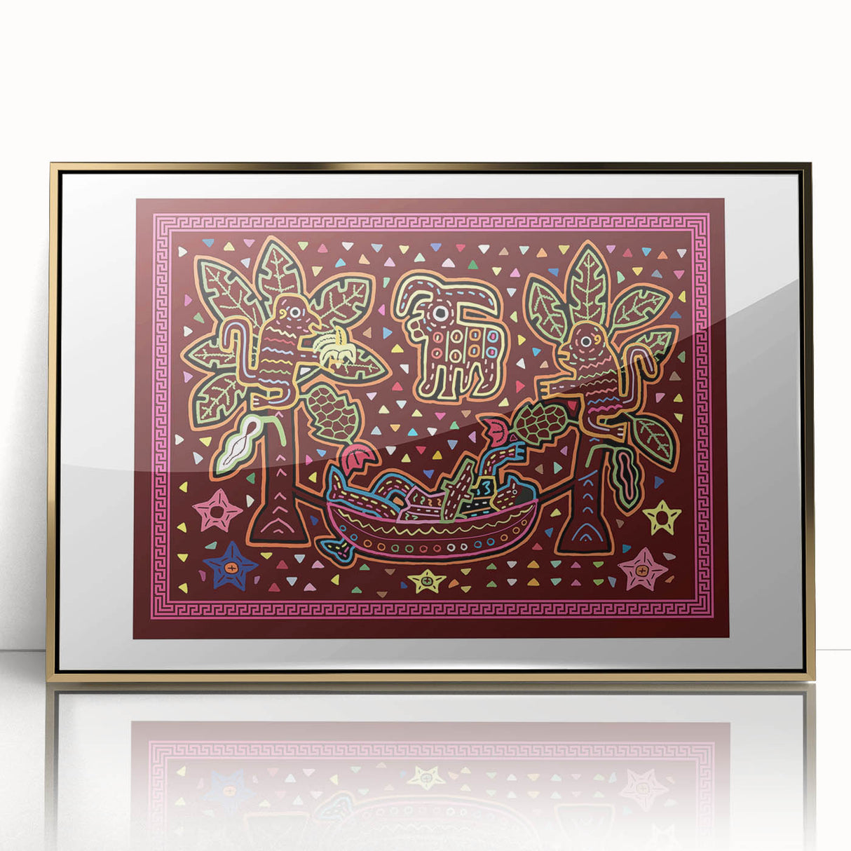 Mid-century modernist acrylic print of a Central American scenery in gold frame, ideal for modern art wall decor.