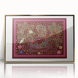 Mid-century modernist acrylic print of a Central American scenery in gold frame, ideal for modern art wall decor.
