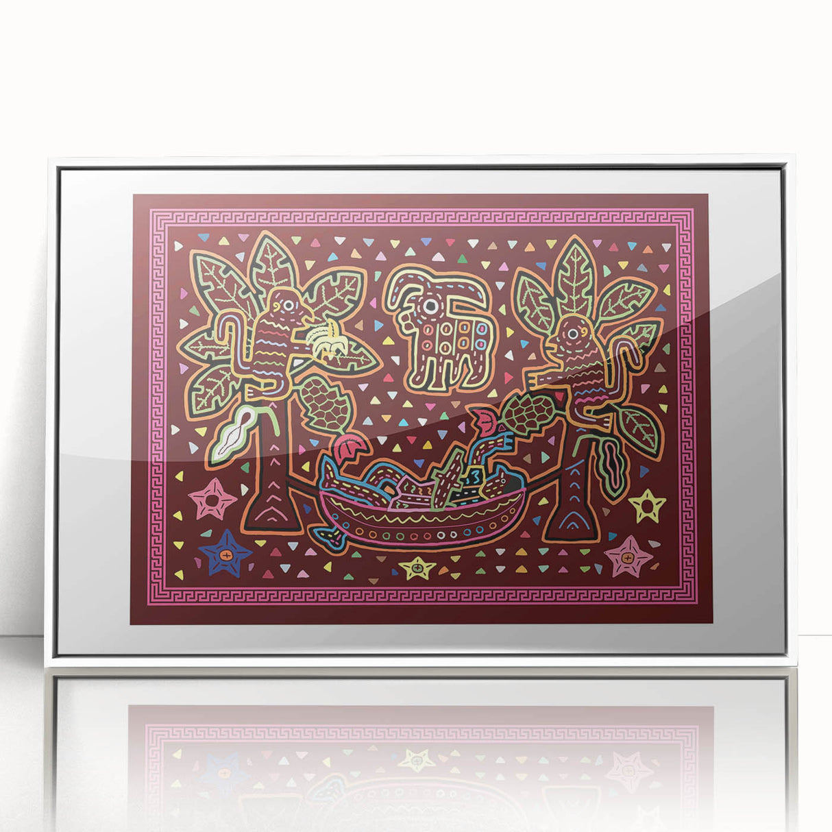 Art deco poster of a Central American scenery in Panama, framed in white acrylic, ideal for modern nursery wall decor.