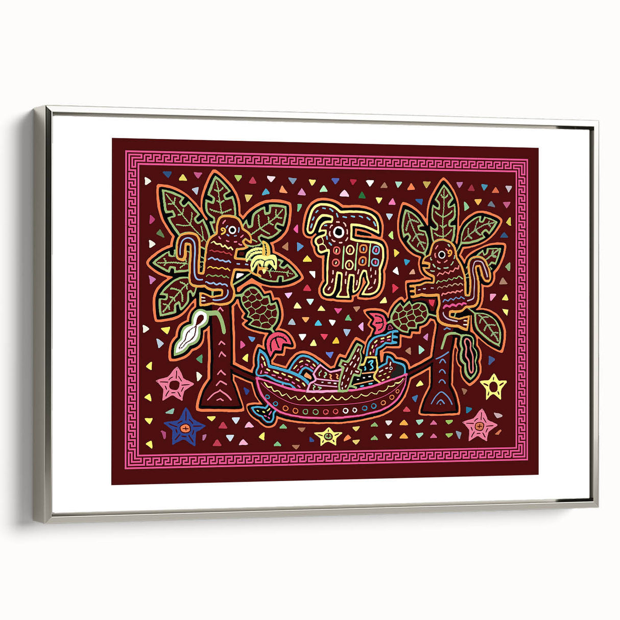 Landscape art painting of Central America with vibrant colorful art, framed in silver on canvas, ideal for office decor.