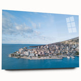 Large abstract wall art depicting a serene Albanian landscape in muted blue and green tones on acrylic glass.