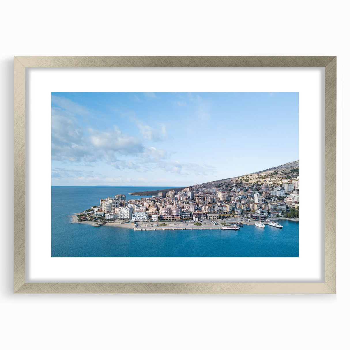 Extra large abstract art print of a European scenery in silver frame, ideal for living room decor.