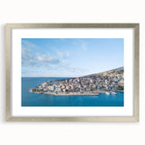 Extra large abstract art print of a European scenery in silver frame, ideal for living room decor.