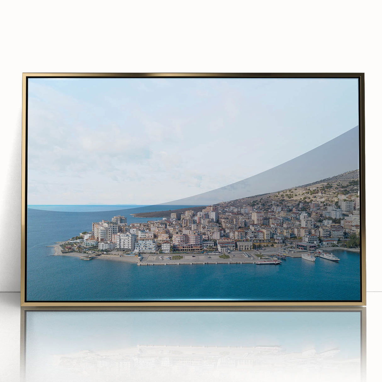Mid-century modernist style large art print of a European Albanian landscape in gold framed acrylic.