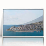 Art Deco poster of an Albanian landscape in muted earth tones on a framed acrylic, ideal for modern nursery wall art.