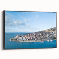 Black and white framed canvas of an Albanian landscape, ideal for bedroom wall art with a vintage poster style.