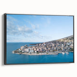 Black and white framed canvas of an Albanian landscape, ideal for bedroom wall art with a vintage poster style.