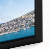 Textured black wall art depicting a vibrant European scenery on a framed canvas, ideal for living room decor.