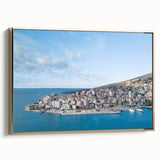 Framed canvas of a vintage-style Albanian landscape painting in muted gold and black tones, ideal for bedroom wall art.