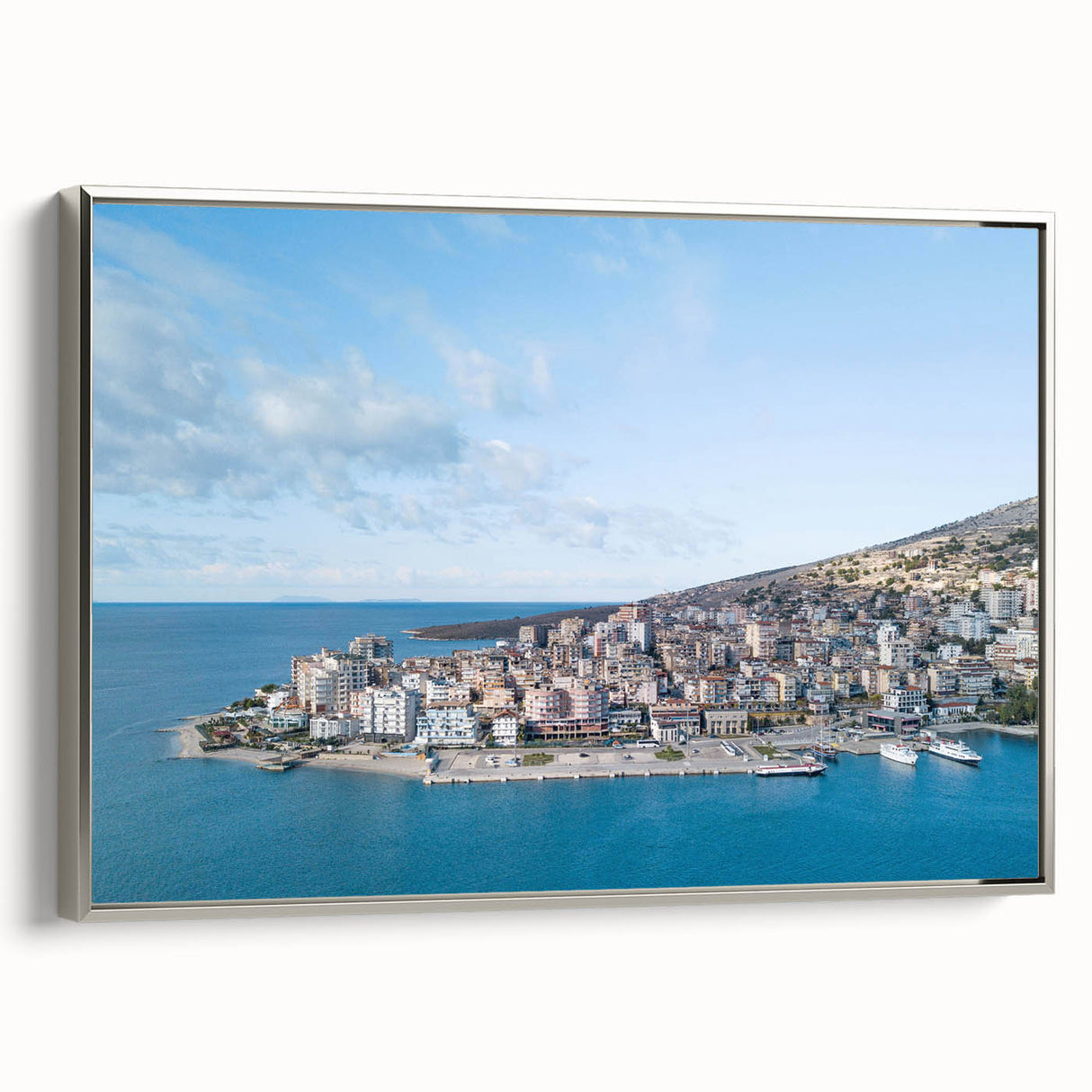 Framed canvas featuring a vintage-style landscape art painting of Albanian scenery.