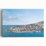 Black and white photograph of an Albanian landscape on stretched canvas, ideal for kitchen wall art.