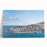 Black and white photo of European scenery on stretched canvas, ideal for kitchen wall art.