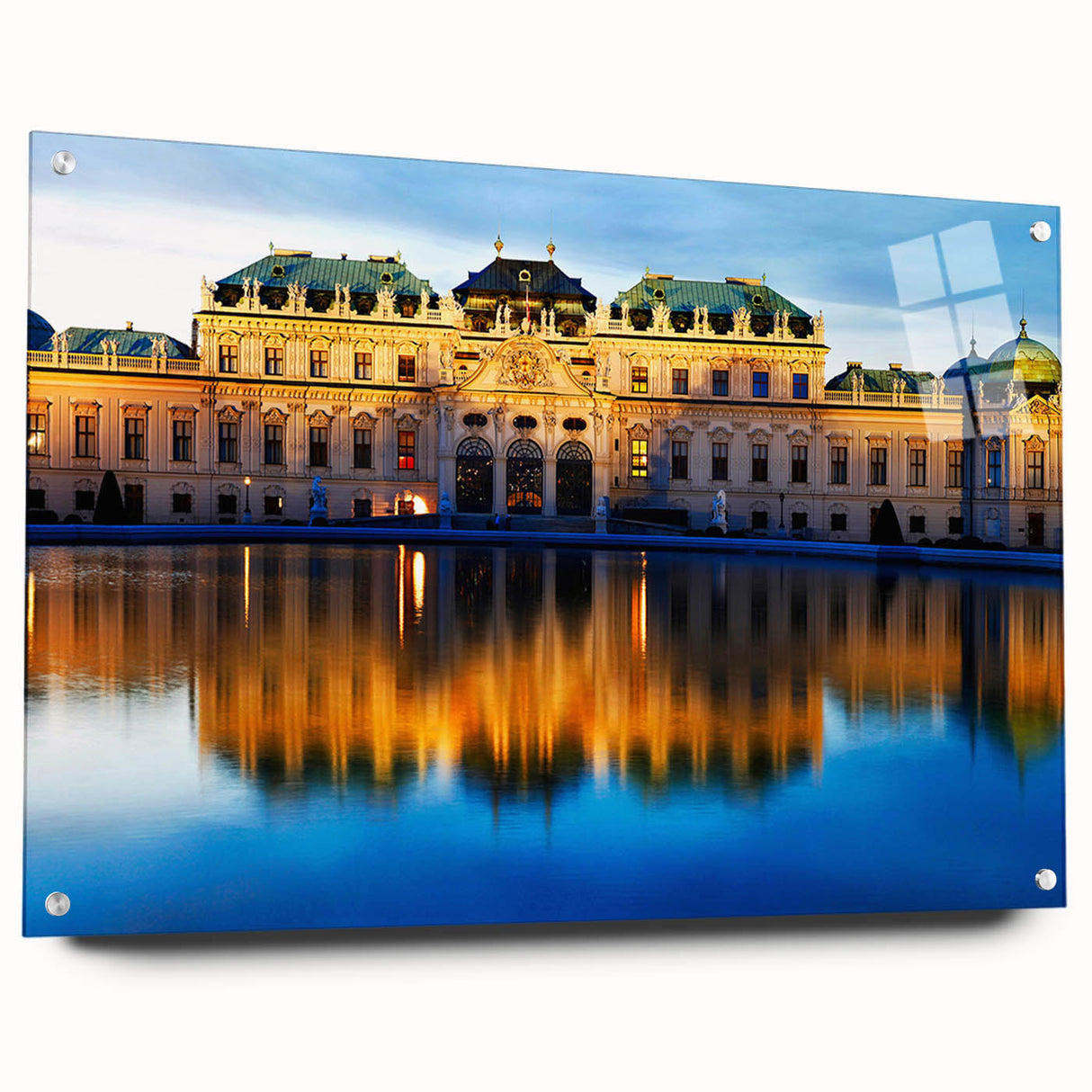Large abstract wall art depicting a European scenery in vibrant blue and green tones, acrylic glass format.