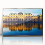 Art Deco style poster of a European landscape, featuring muted green and gold tones on framed acrylic.