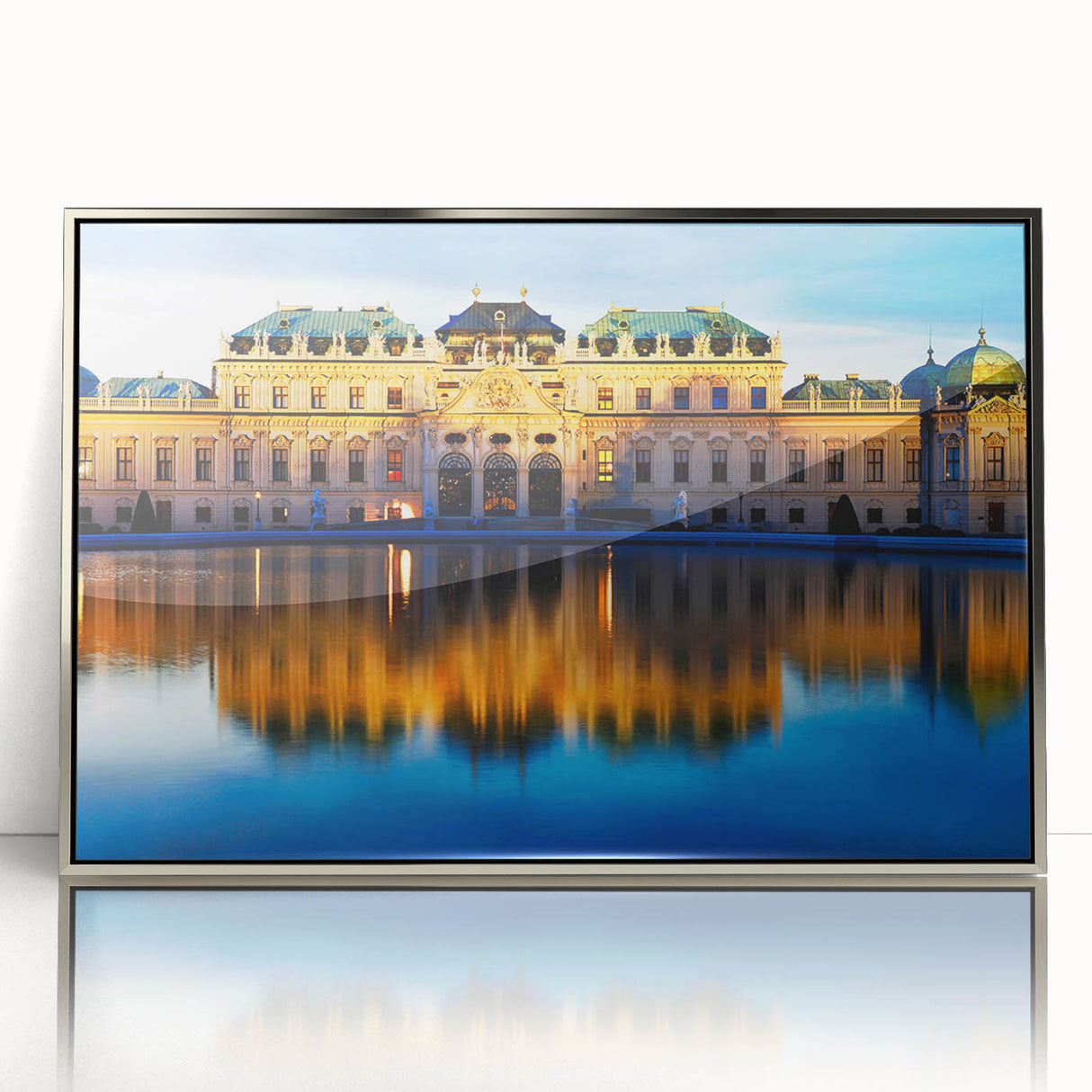 Large art print of an Austrian landscape in muted earth tones on a silver-framed acrylic, ideal for modern art wall decor.