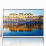 Mid-century modernist art depicting a serene Austrian landscape in muted earth tones on a framed acrylic.