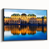 Black and white wall art featuring a vintage landscape painting of a European Austrian scene on a framed canvas.