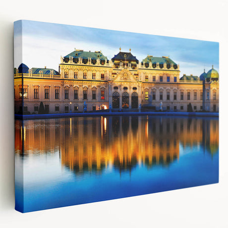 Scenic European landscape on stretched canvas, featuring rolling hills and a sunset in muted earth tones.