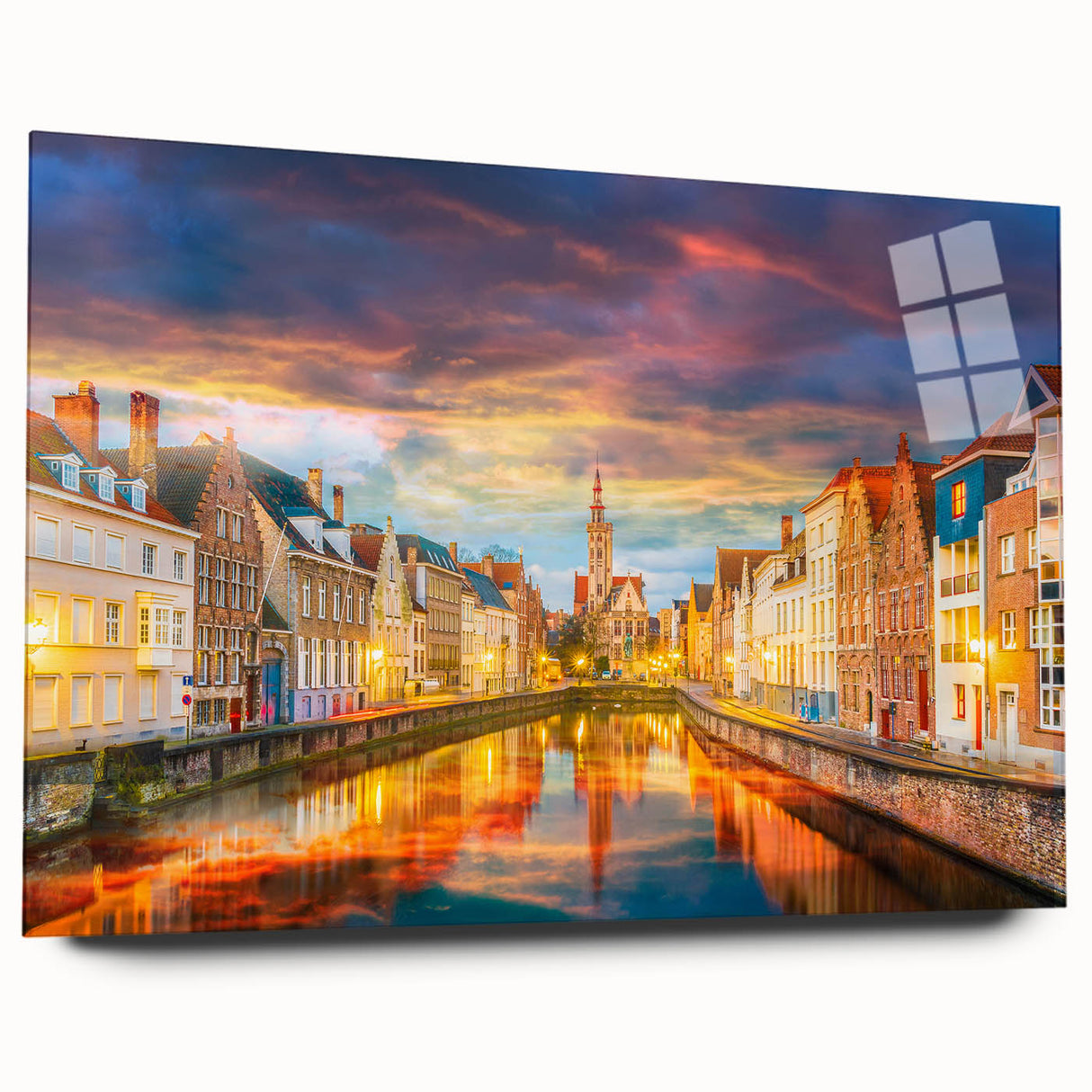 Large abstract wall art of a European scenery in muted blue and green tones on acrylic glass.