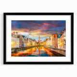 Extra large framed wall art depicting an abstract, colorful European scenery in vibrant hues on textured canvas.