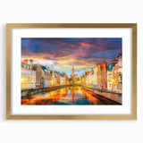 Abstract art print of a European scenery in muted earth tones, framed with a gold mat, ideal for dining room decor.