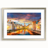 Extra large abstract art print of a European cityscape in muted grays and blues, framed in silver.