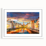 Textured abstract art print depicting a European scenery in muted earth tones on a framed white mat.